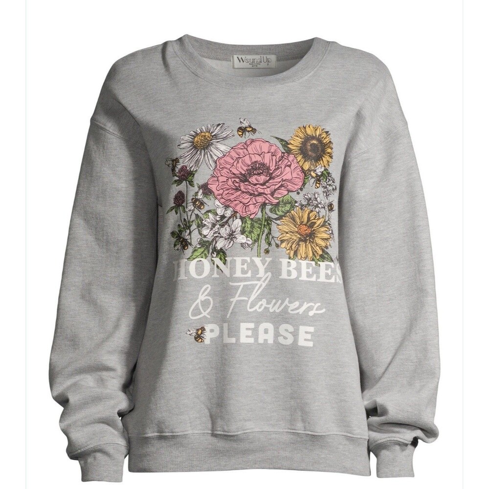 Sweater Oversized Gray Size XXXL Floral Streetwear Honey Bees And Flowers Please